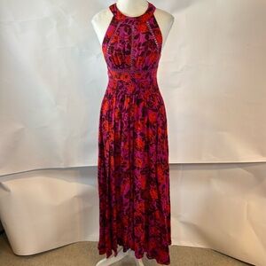 Abel The Label | Pink & Red Floral Charlotte Open Back Eyelet Maxi Dress | Small